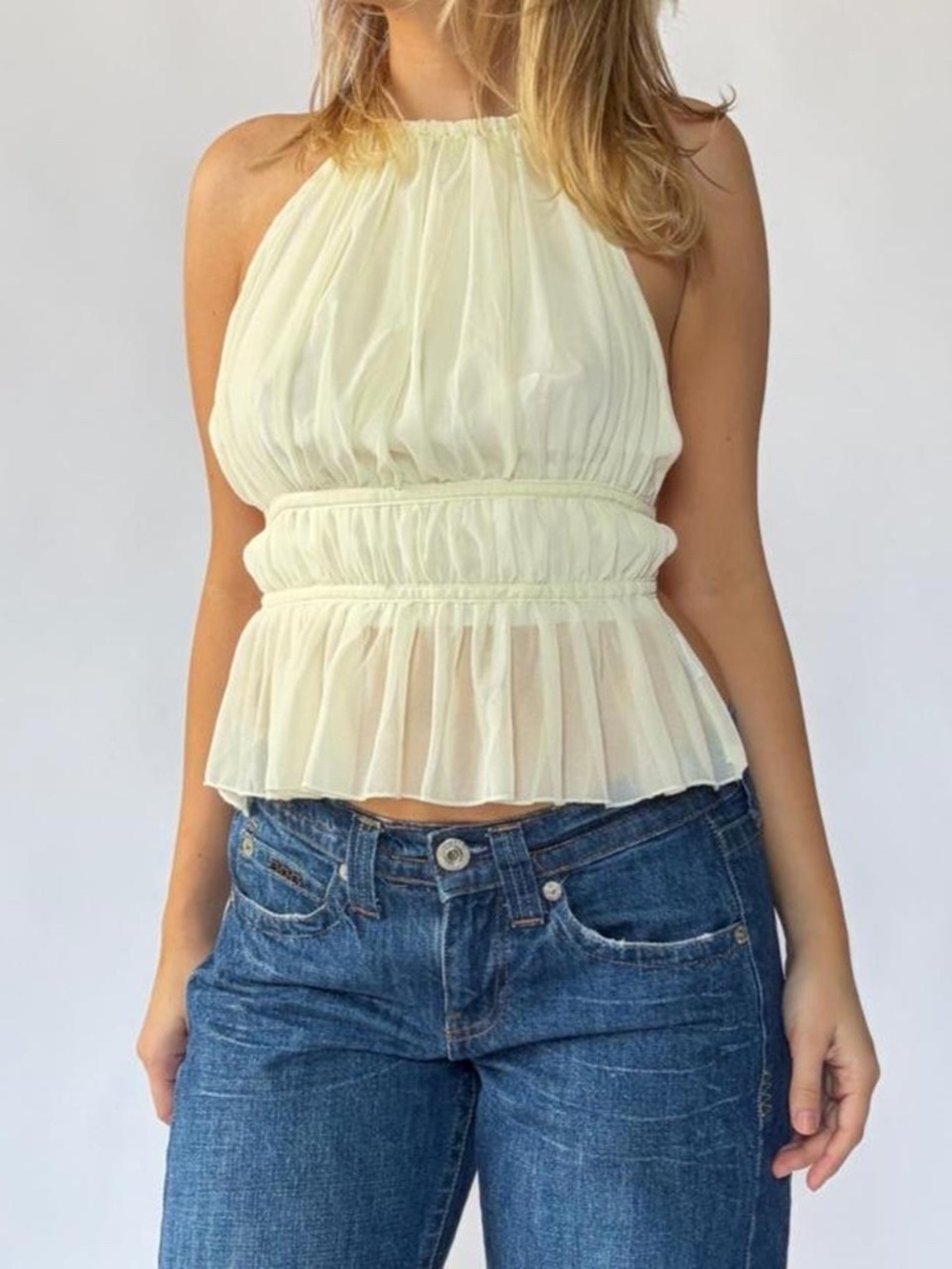 Halter Top Cream Ruched Boho Small